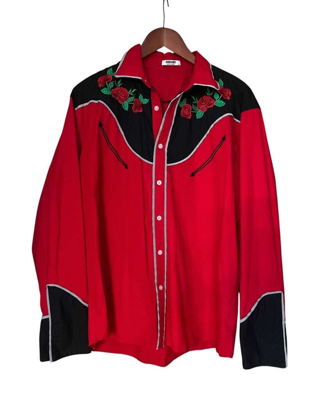 COOFANDY Mens XL red roses Western Long Sleeve Embroidered Cowboy shirt